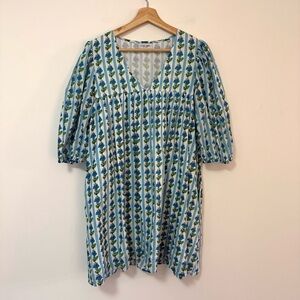 Olivia James the Label Blue Floral Block Print Babydoll Cotton Mini Dress Small